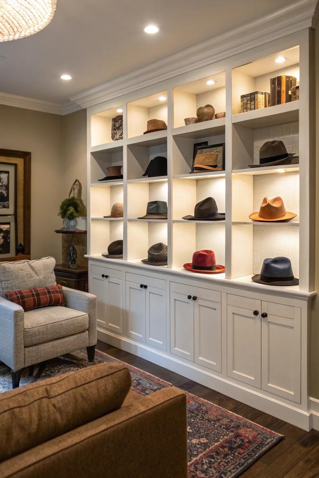 Custom shelving featuring individual sections for hats