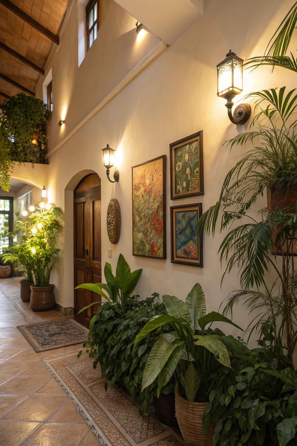 Create a sophisticated setting by using wall lights and decor.