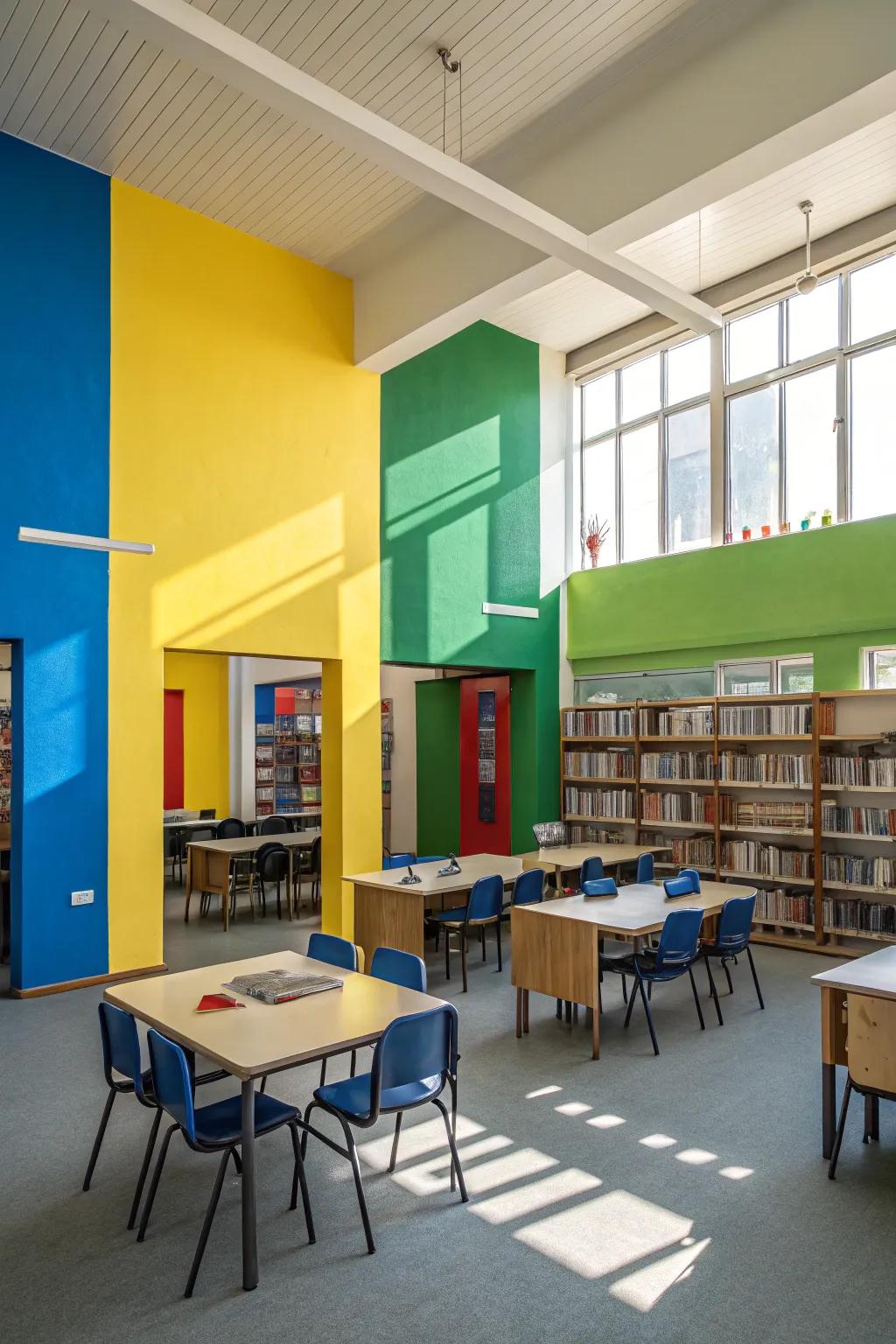 Color-blocked walls infuse energy into a study area.