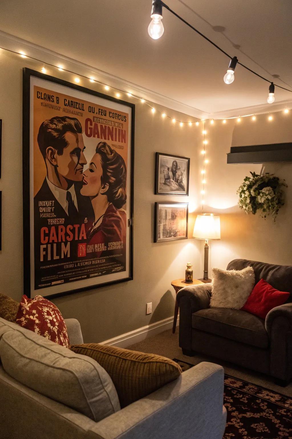 Vintage posters add a charming nostalgic note.