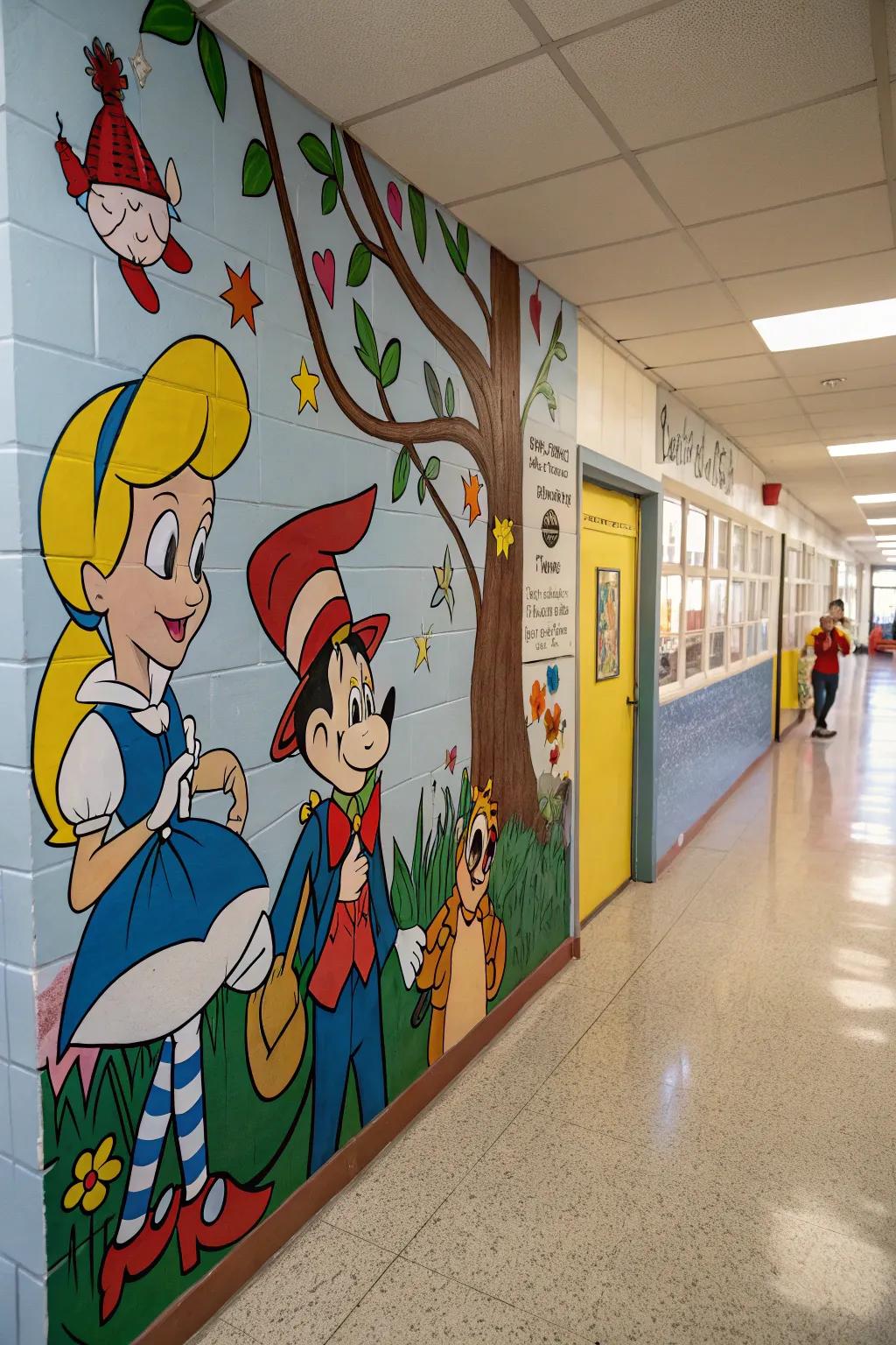 Storybook characters displayed on a school wall