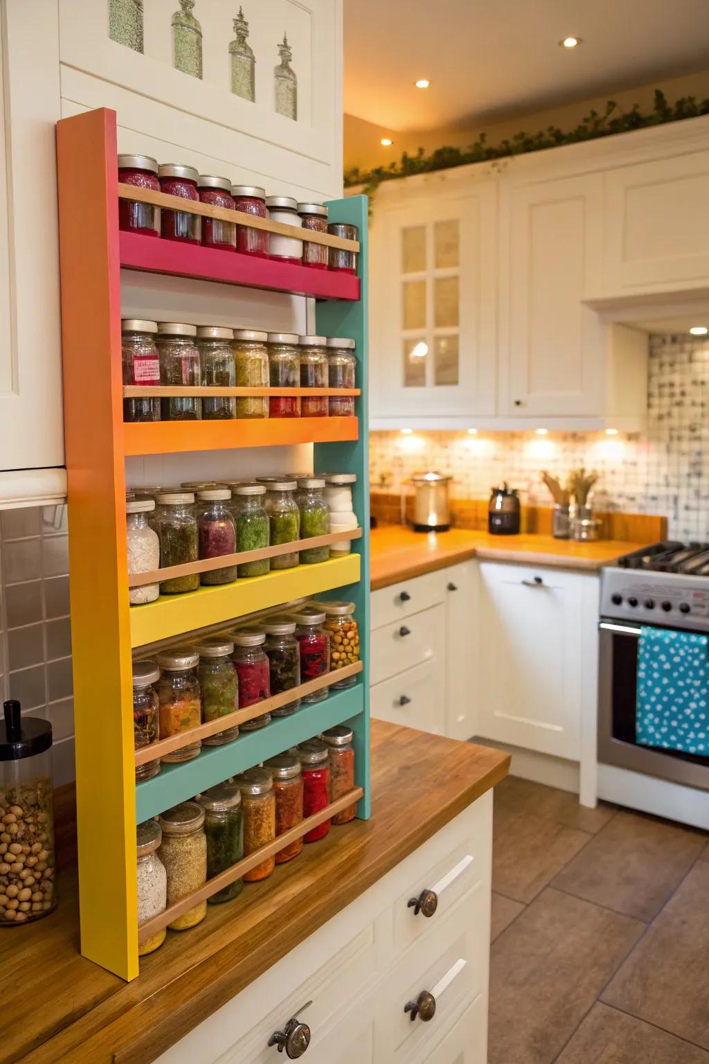 Brighten your kitchen with vibrant spice organizers.