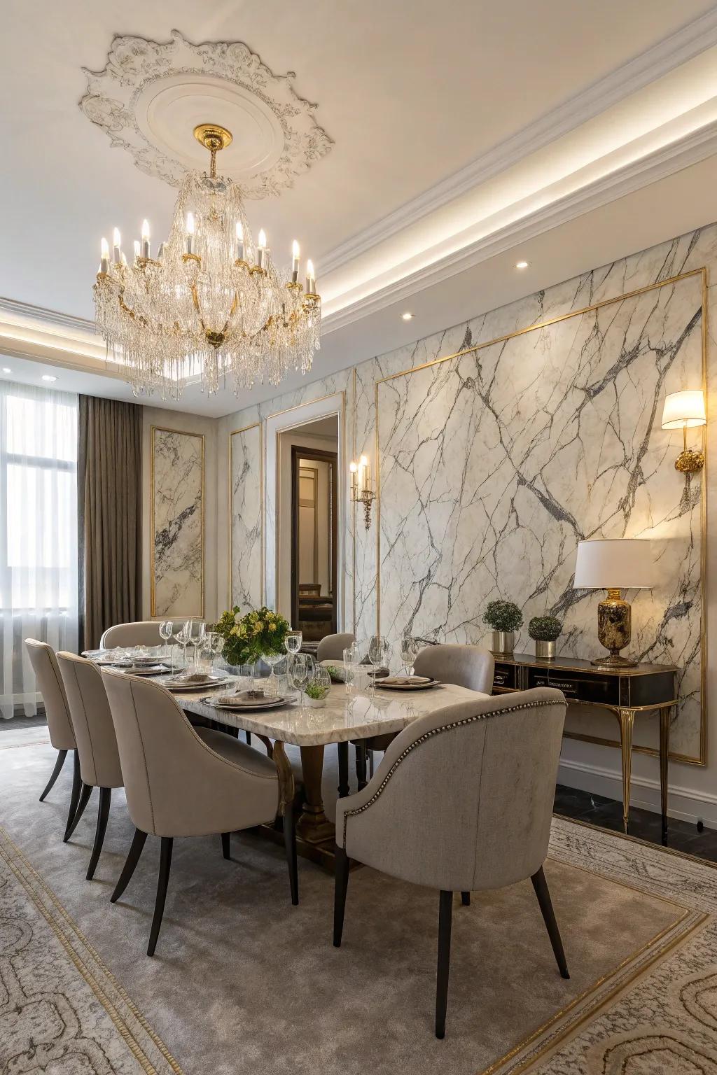 Marble textures introduce an element of luxury and refinement to dining spaces.