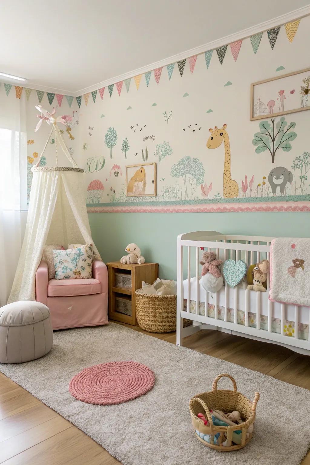 A nursery filled with life thanks to a playful wallpaper border.