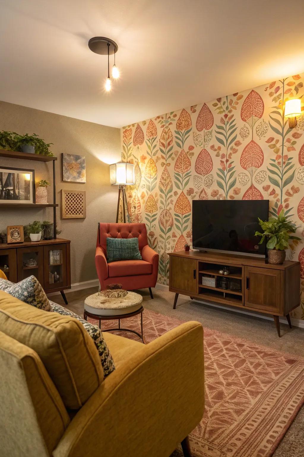 A highlight wall with brave wallpaper fashions a striking focal point.