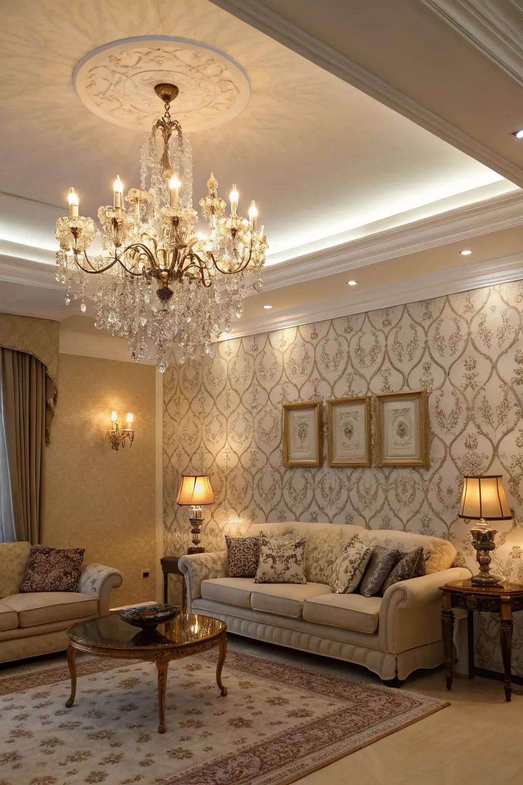 Emphasize your wallpaper with sophisticated lighting for an opulent sensation.