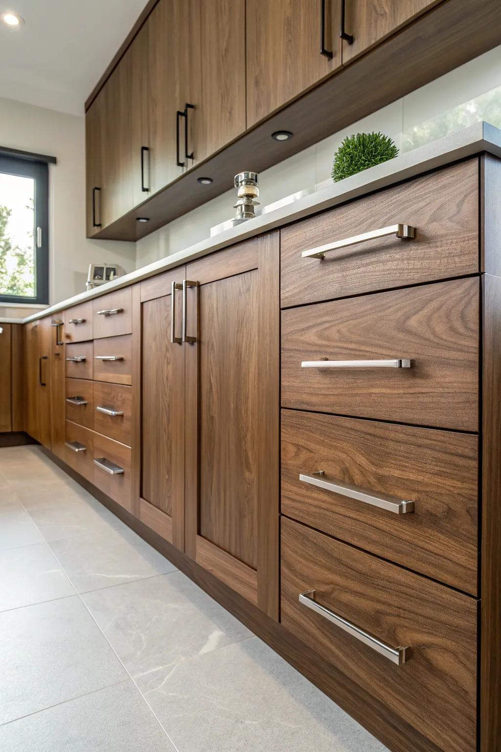 Modern fixtures provide a sleek touch to pecan finish cabinets.