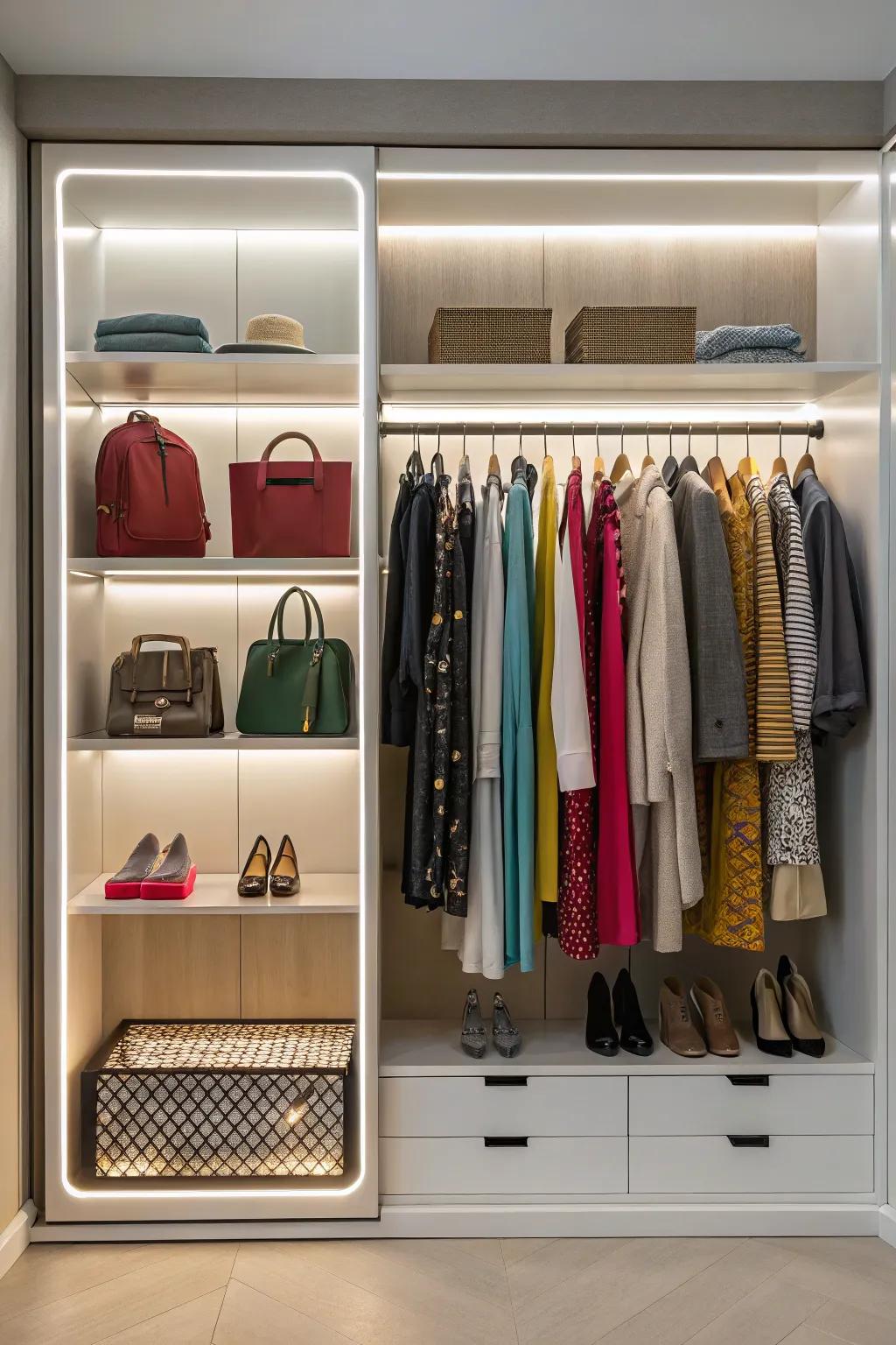 LED lighting enhances both functionality and elegance in your closet.
