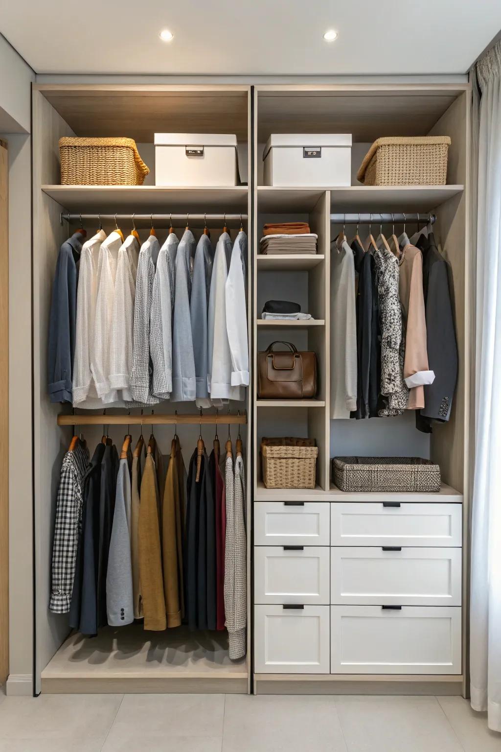Varied hanging heights optimize your wardrobe's potential.