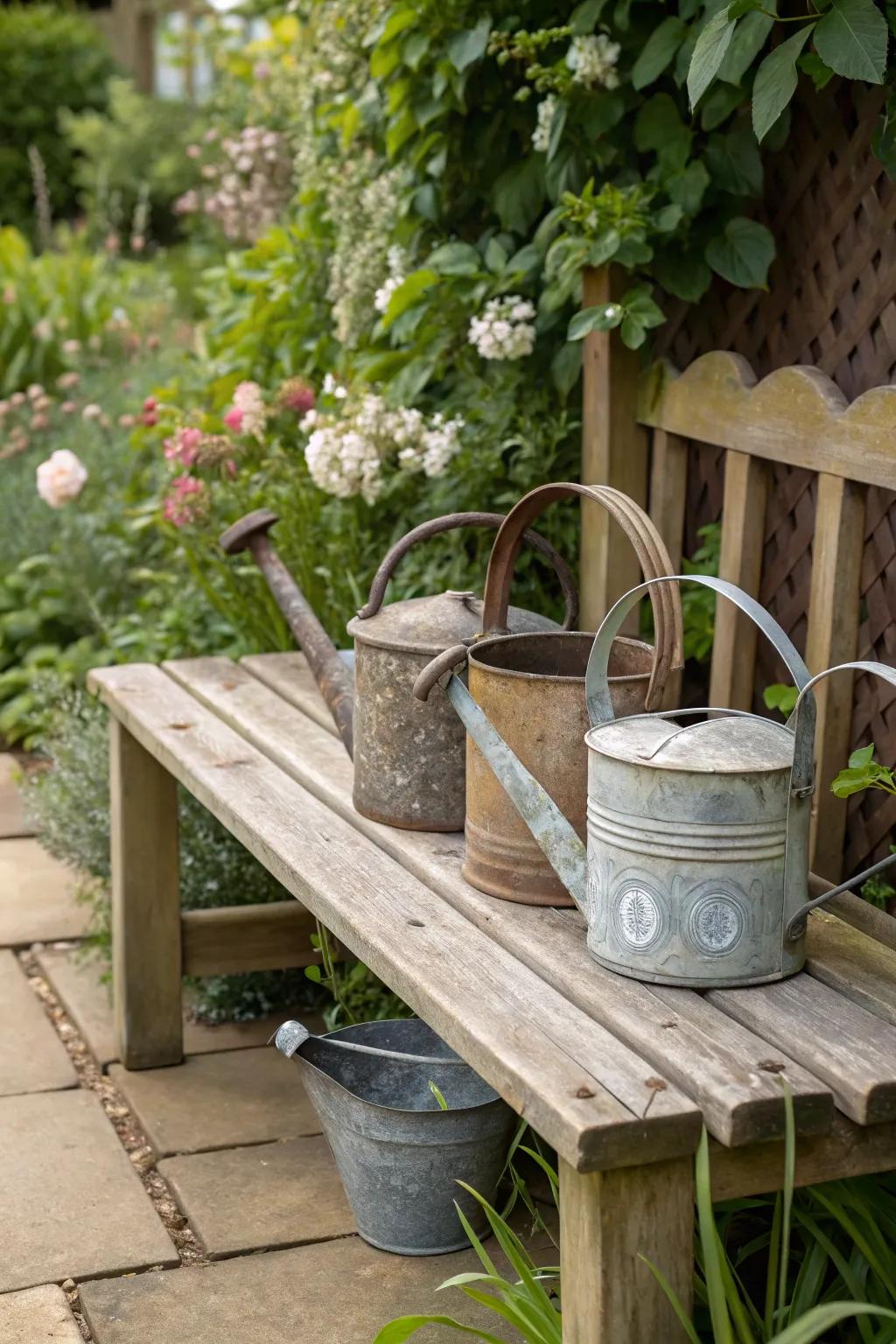 Vintage watering cans imparting country charm to a garden.