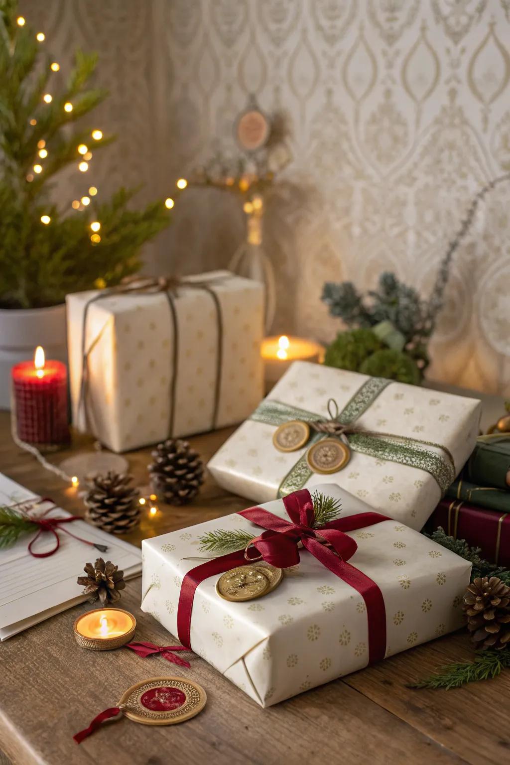 Gift wrapping enhanced with wax imprints, adding a personal and elegant touch.
