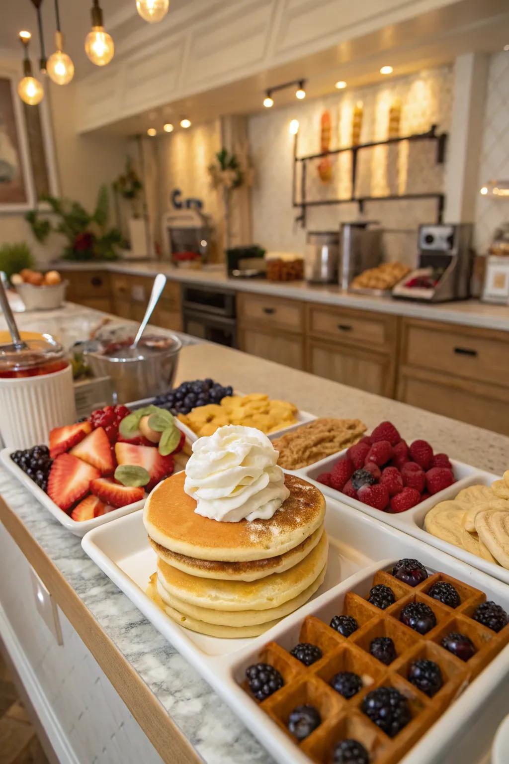 An attractive pancake and waffle bar arranged for a delightful wedding breakfast.