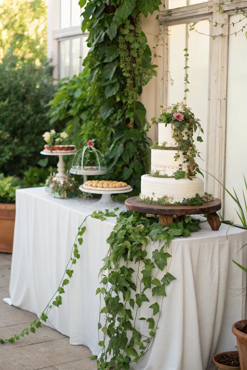 Greenery injects a natural touch into the cake display.