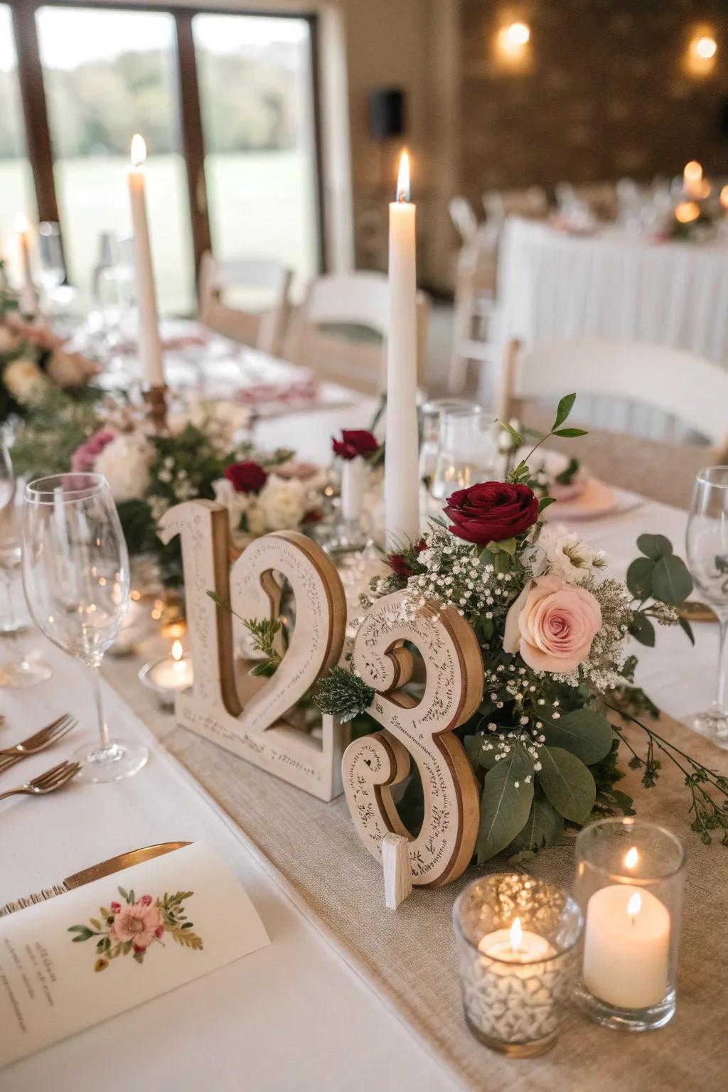 Well-thought-out table identifiers creatively incorporated into the wedding centerpiece.