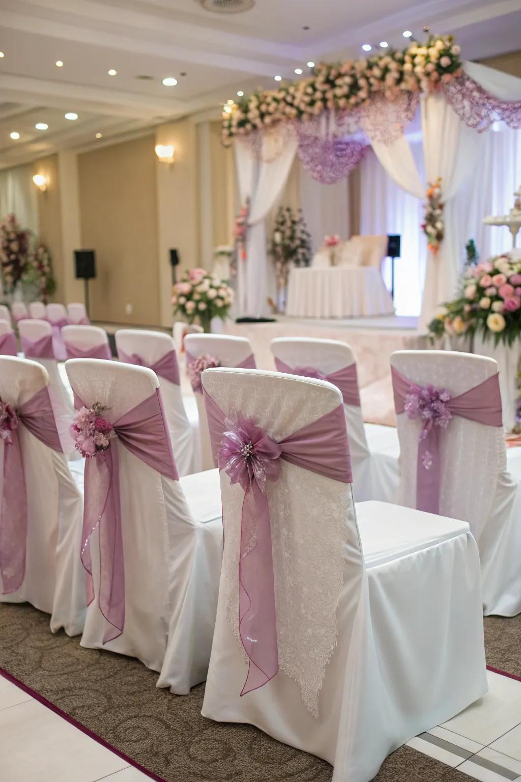 Synchronize seating decorations with your wedding motif for a seamless aesthetic.