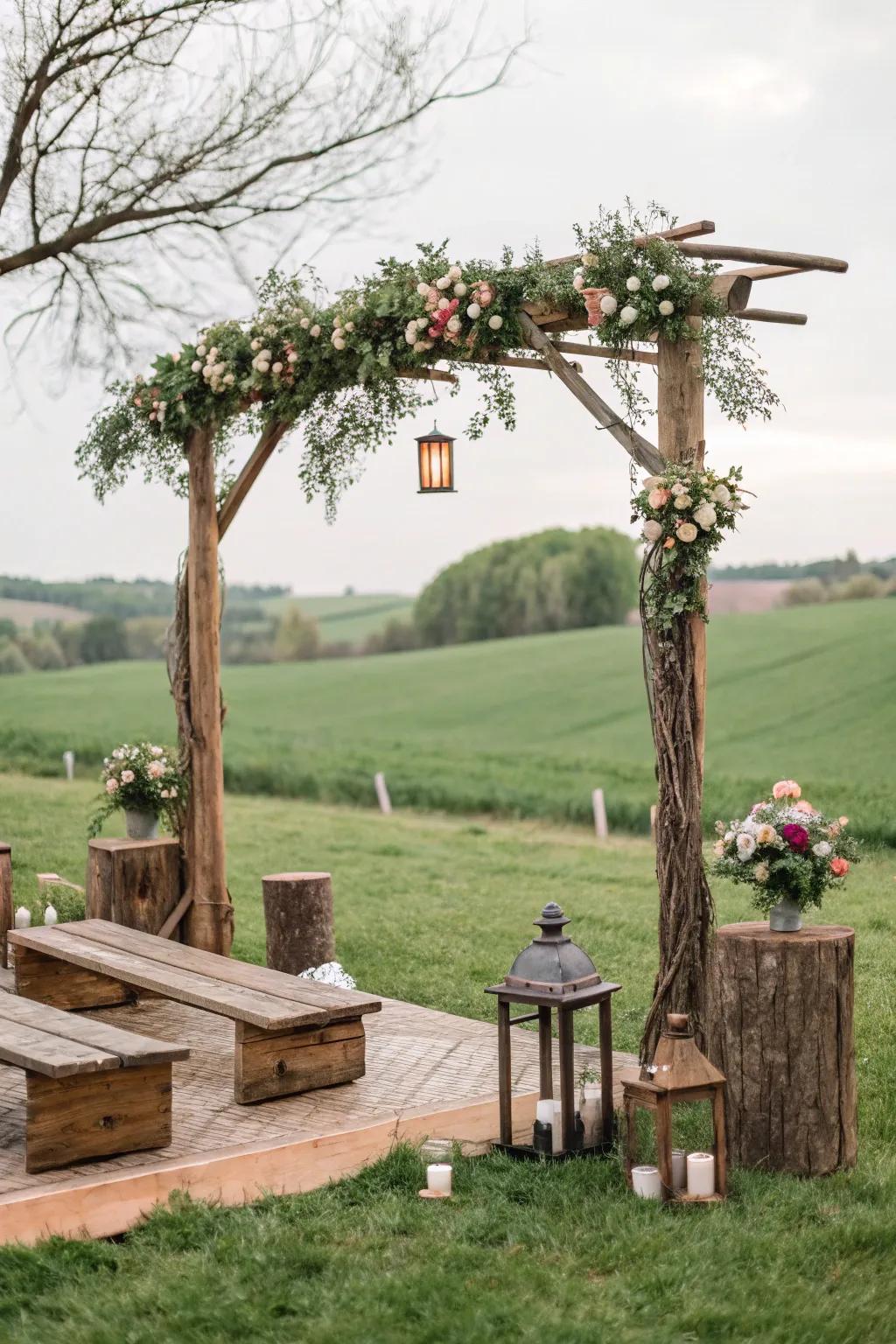 A wedding setup outside featuring country decor and natural parts, which produces a charming atmosphere.