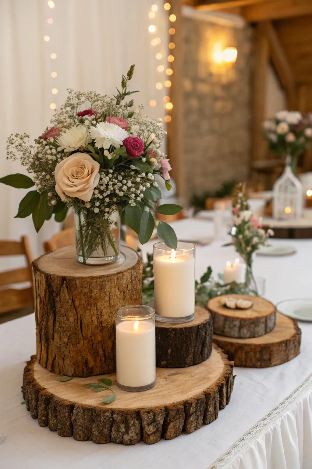 Countryside timber details introduce charm to wedding decorations.