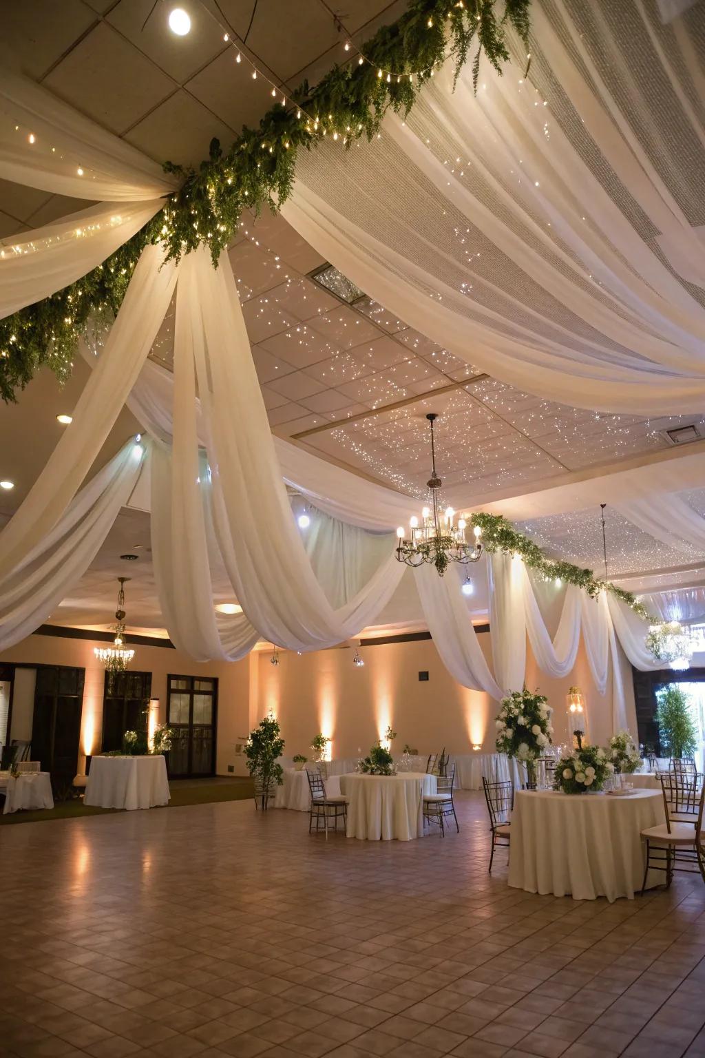 Include a whimsical element to your wedding through overhead textiles.