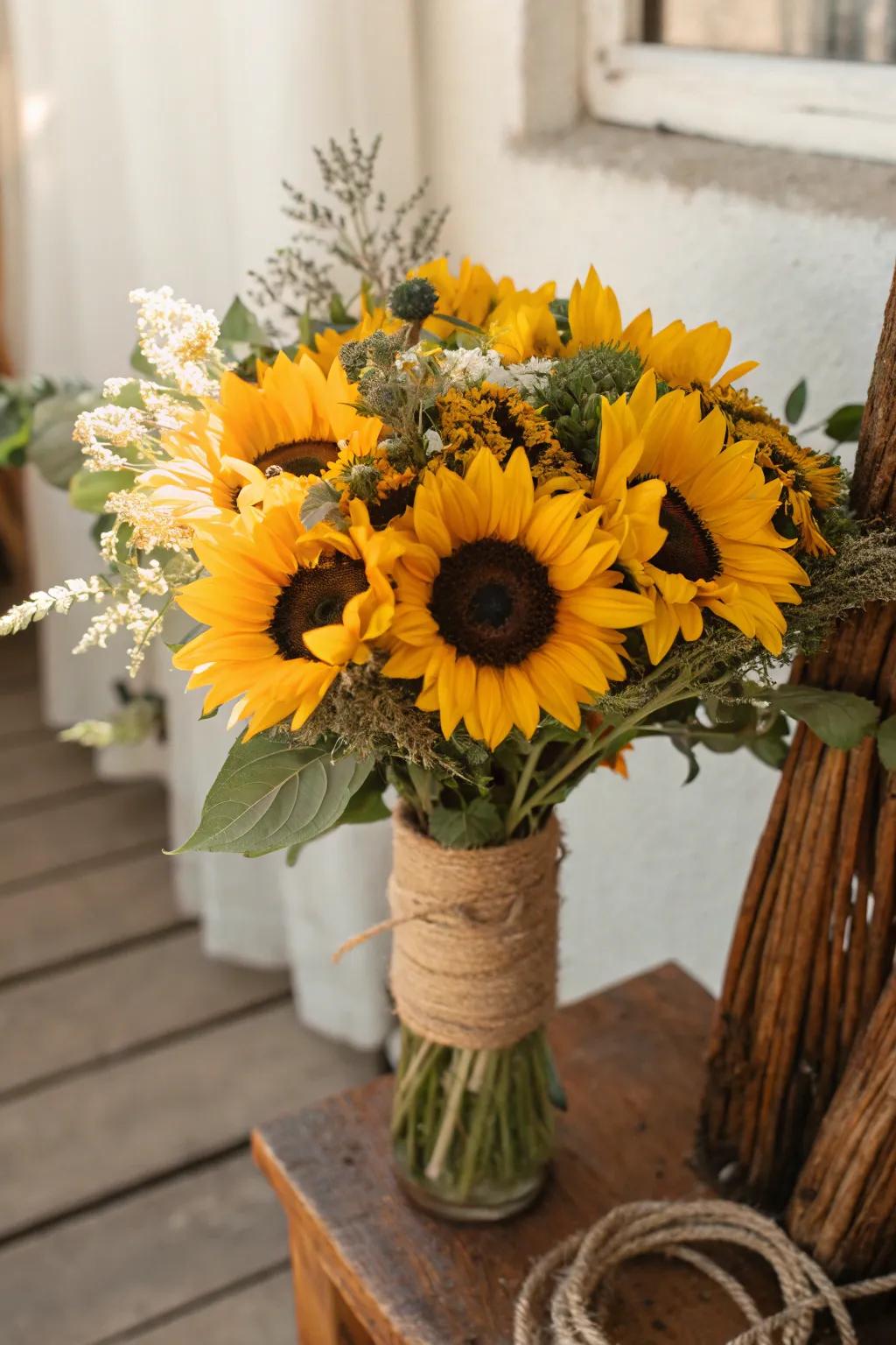 A cheerful sunflower arrangement, perfect for an outdoor wedding.