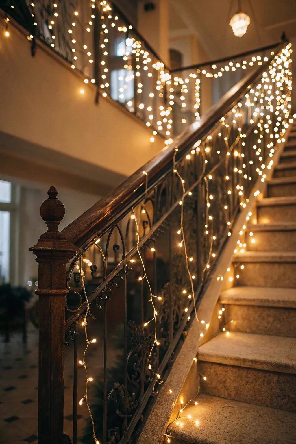 Miniature lights establish a captivating, celestial impression on this wedding staircase.