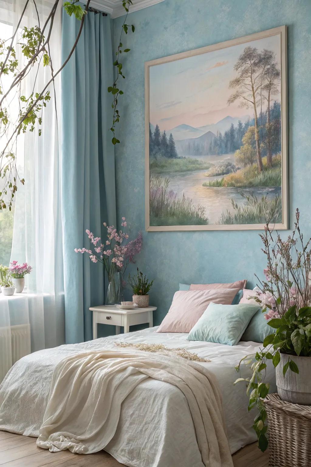 An ethereal watercolor generating a serene atmosphere in a sleeping quarter.