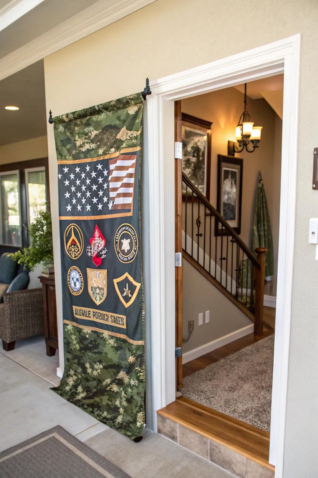 Honor service members with a themed sign.