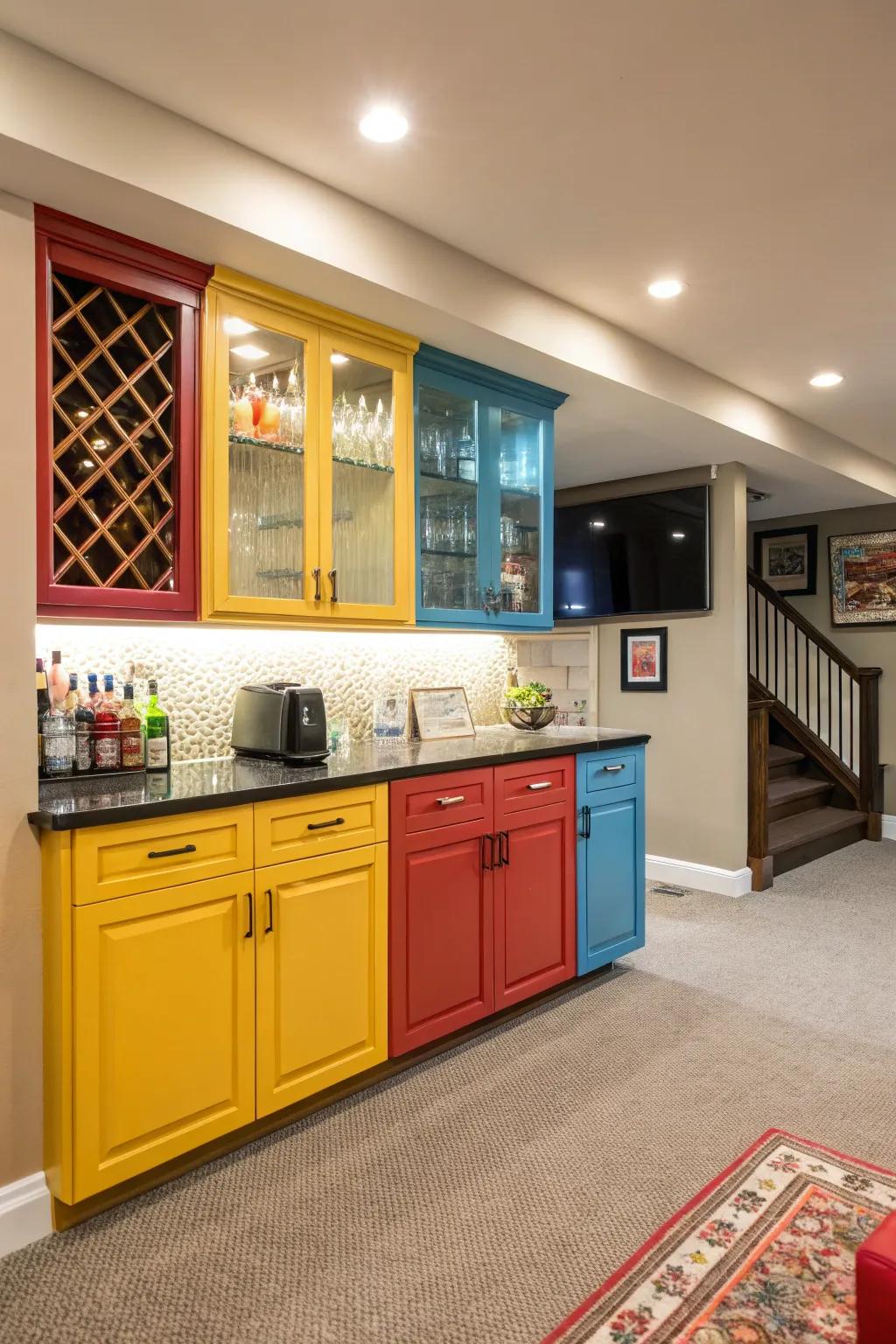 Bright cabinet colors can infuse your basement wet bar with vibrancy and character.