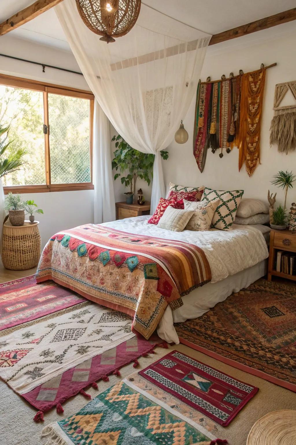 Boho sleeping quarters with a blend of fabrics and designs.