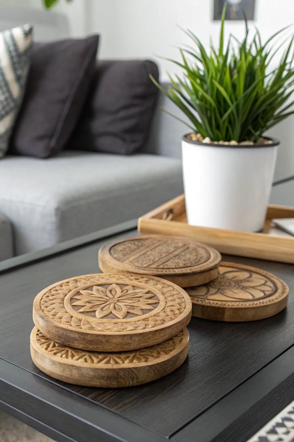 Handcrafted wood coasters add a hint of rustic elegance.