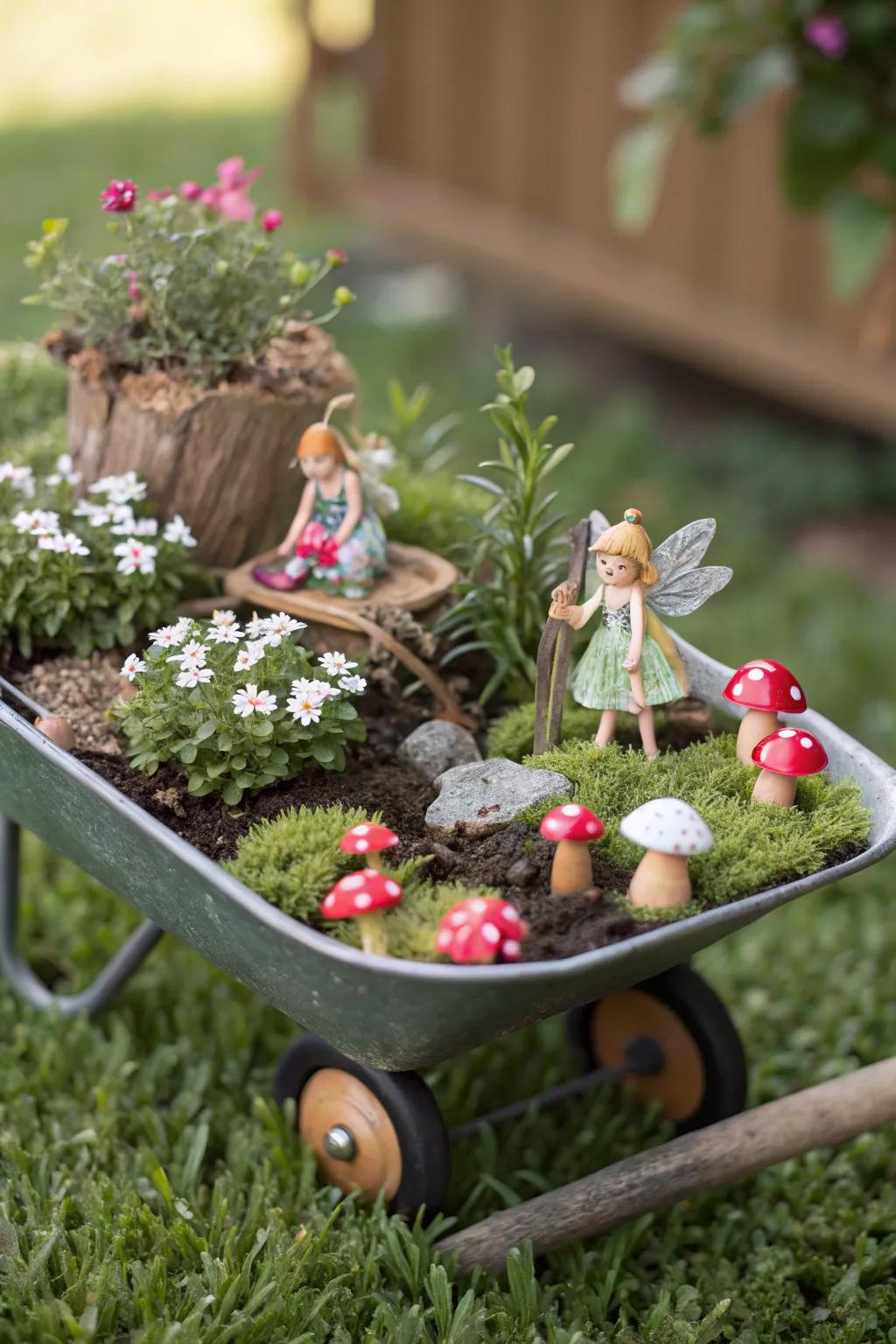A charming fairy landscape nestled inside a wheelbarrow.