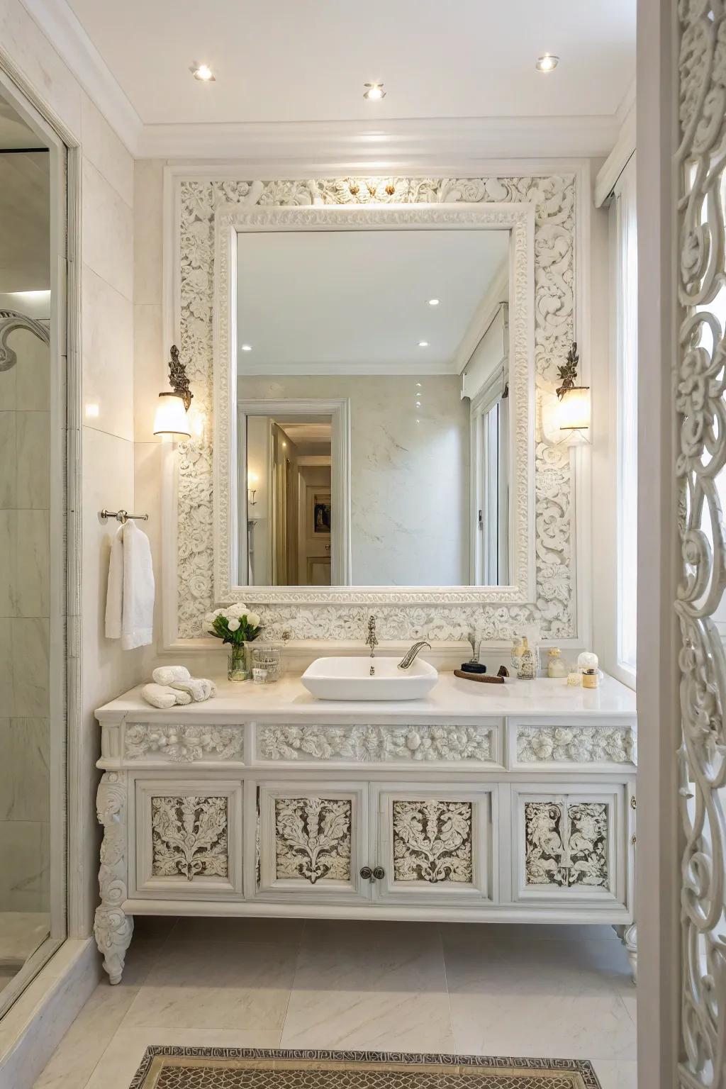 A thoughtfully positioned mirror enhances the spaciousness of this white bathroom.