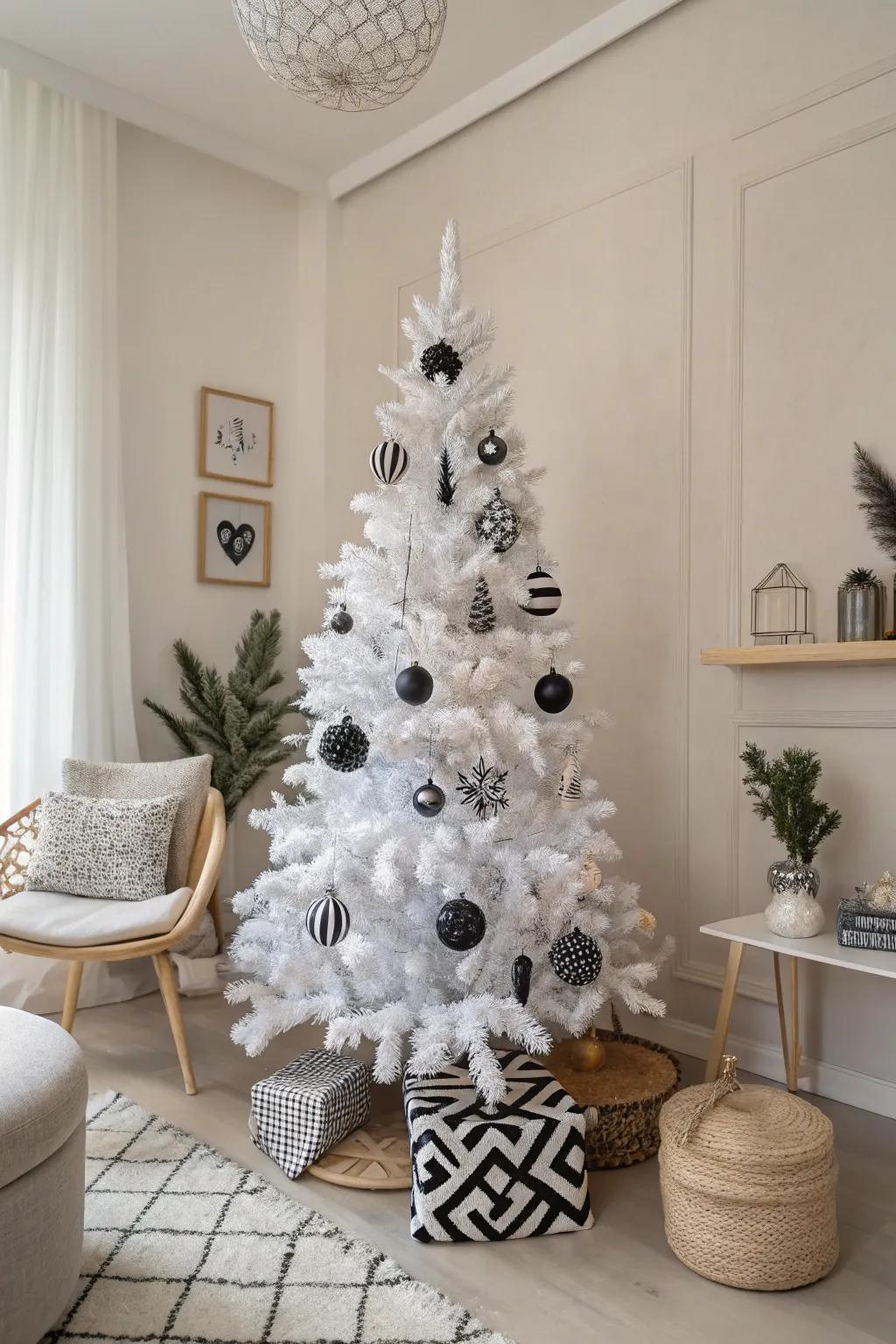 Modern understated tree featuring geometric baubles for a chic aesthetic.