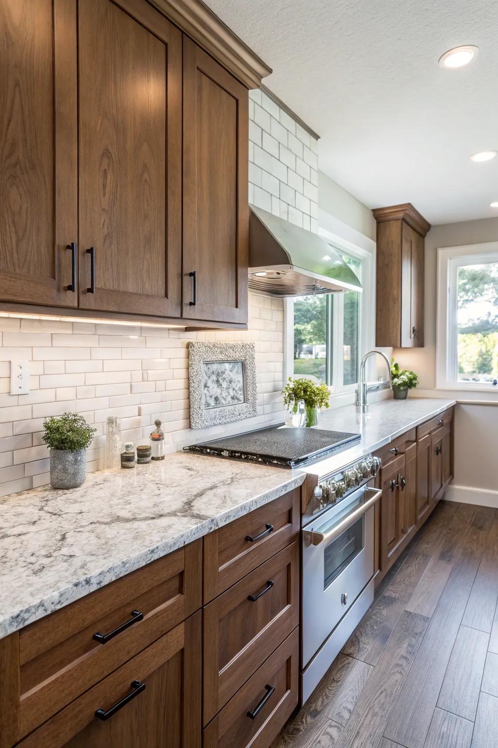 Rough stone tiles enhance the natural beauty of frost white granite.