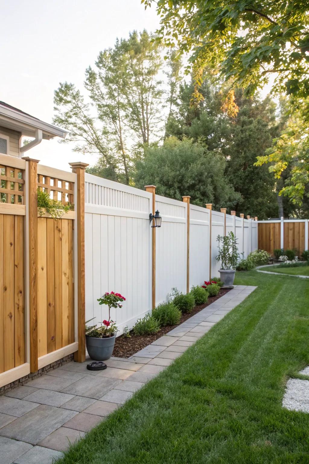 A mixed material fence blends white panels with natural wood for a warm, inviting look.