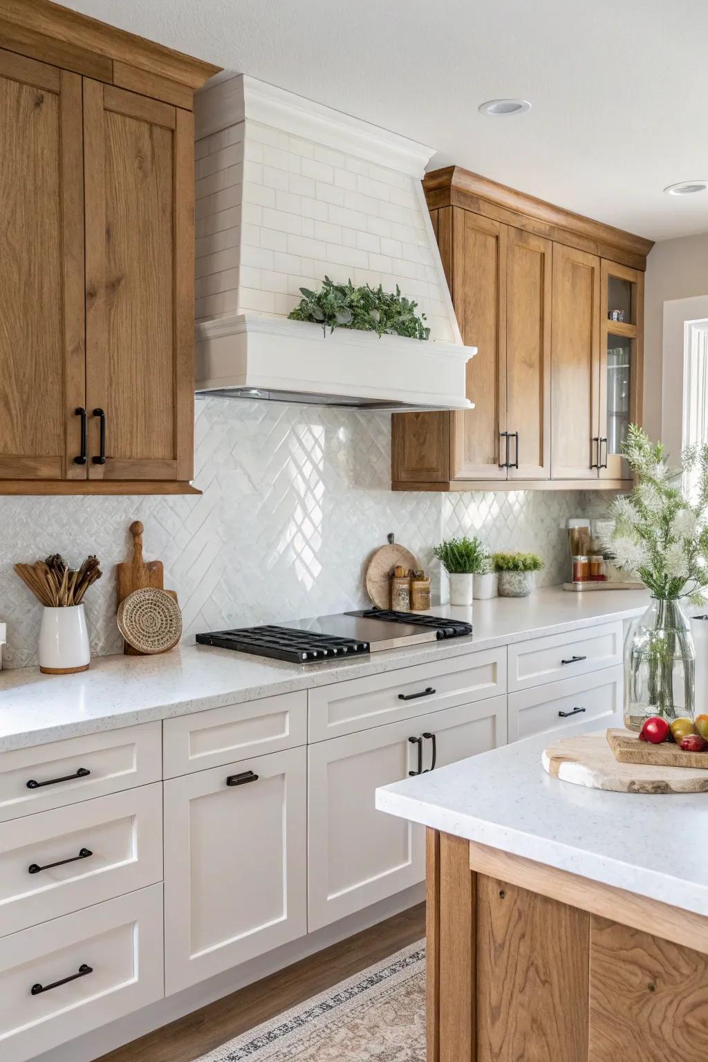 White crystalized stone backsplash joined with natural wood for a warm cooking area design.