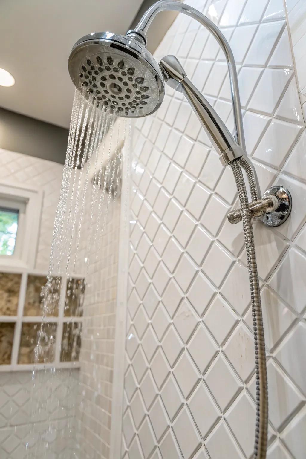 A white shower showcasing blended sleek and textured surfaces.