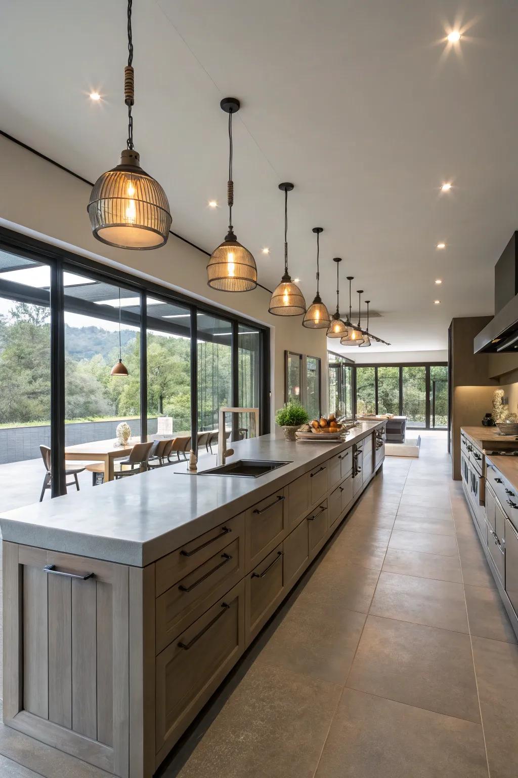 Eye-catching illumination imbuing sophistication into a wide galley kitchen.