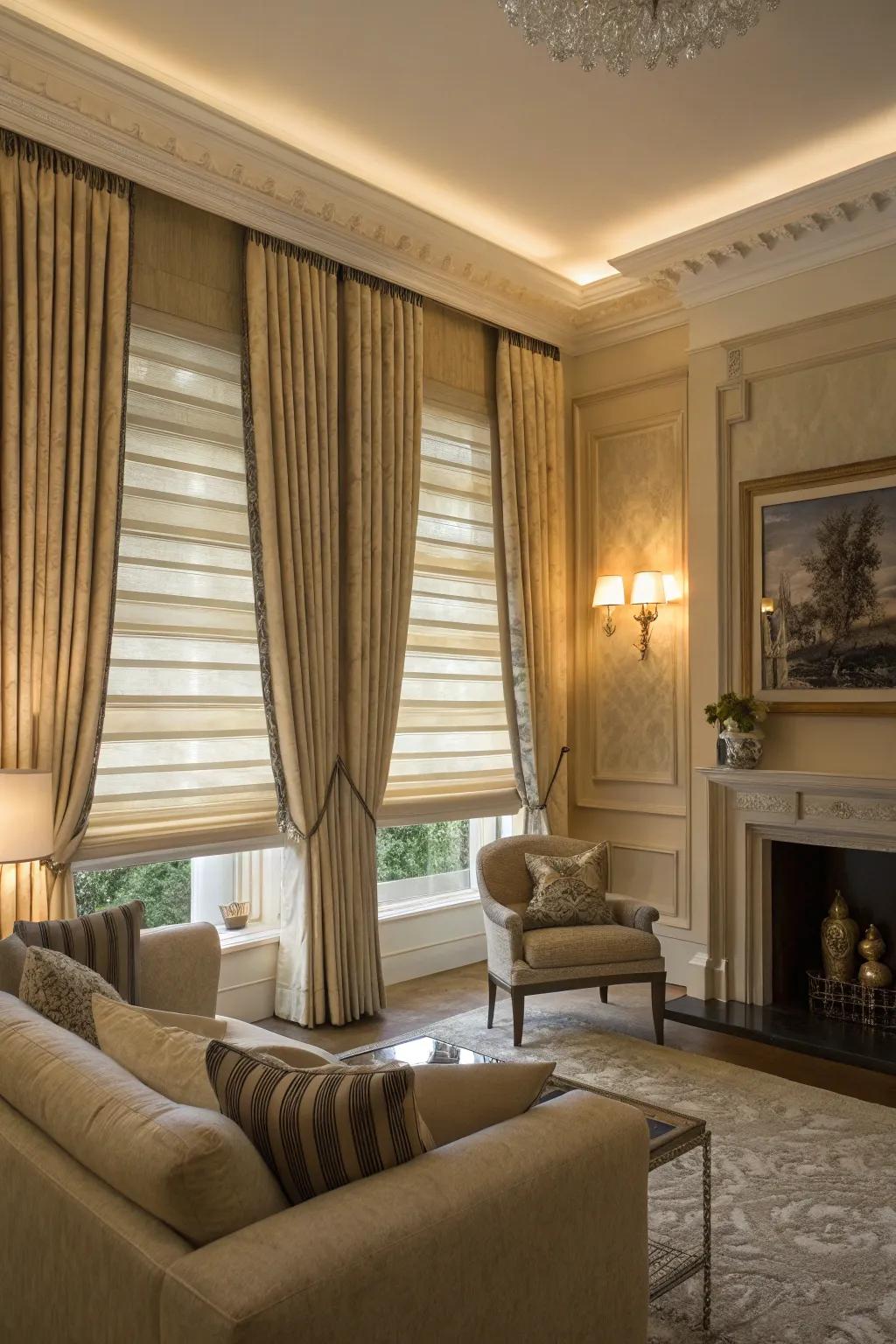 Layering window coverings and drapes adds a lavish touch to the living room atmosphere.