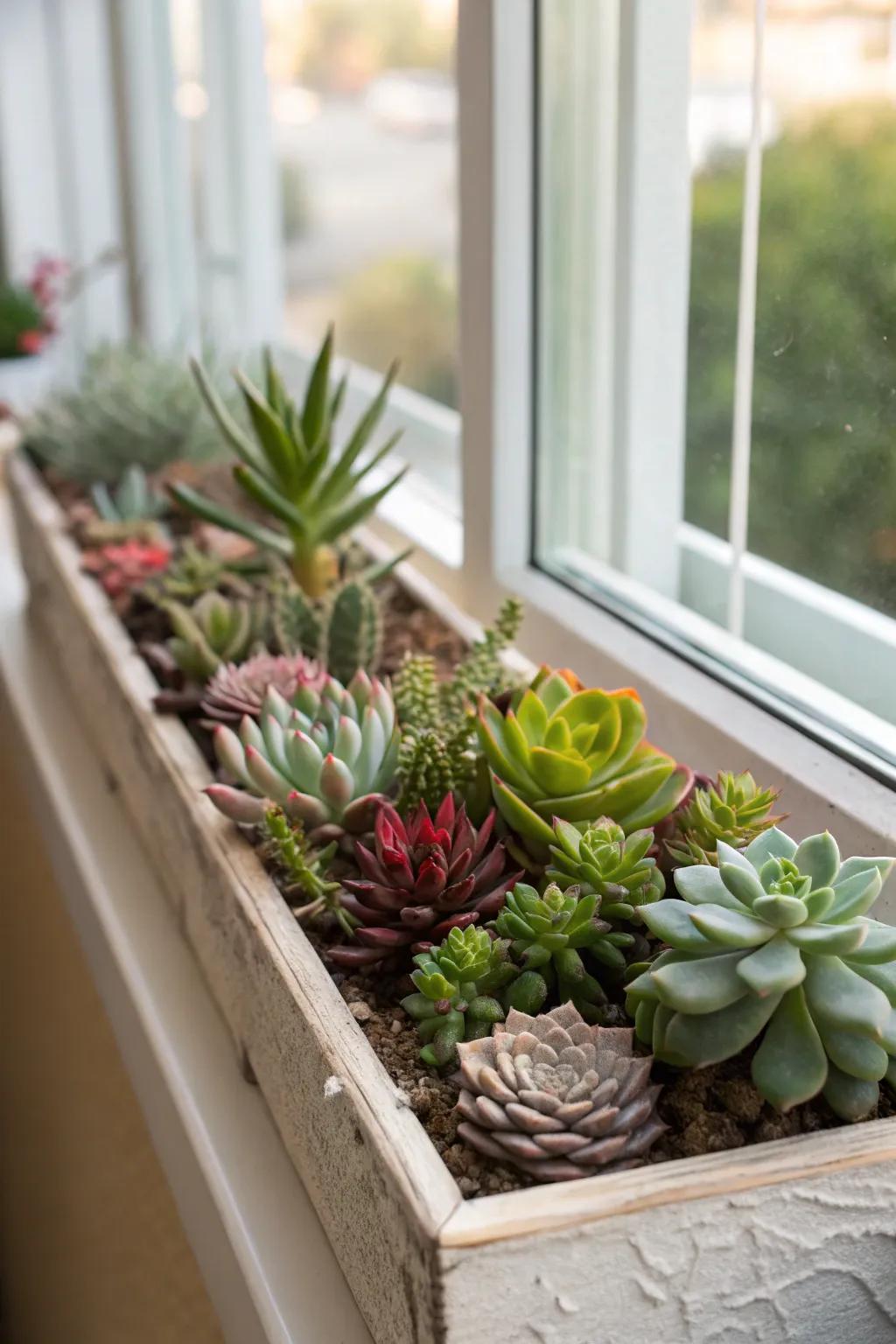 A serene showcase of succulents in a window box