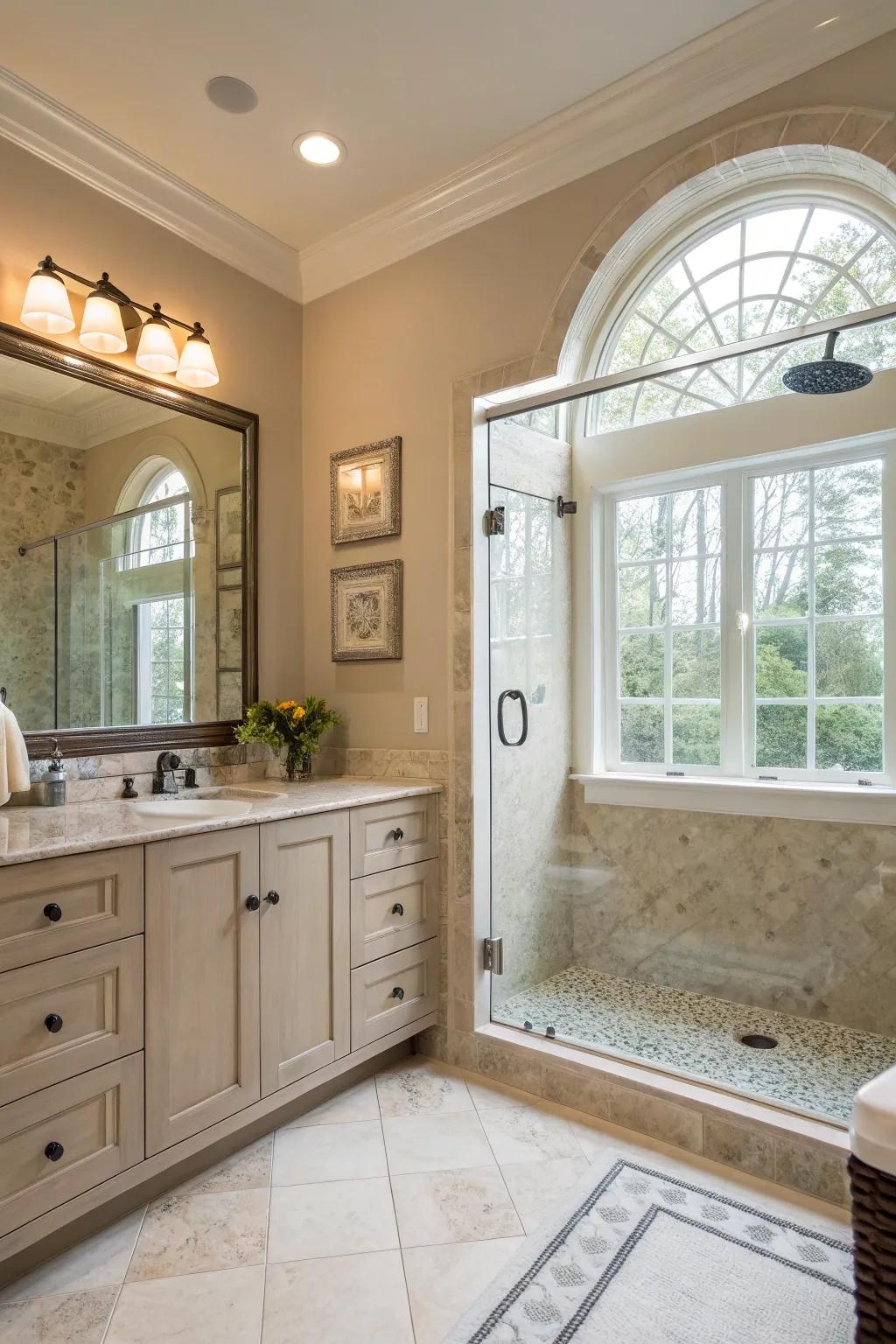 A transom window delivers subtle sunlight high in the shower space.