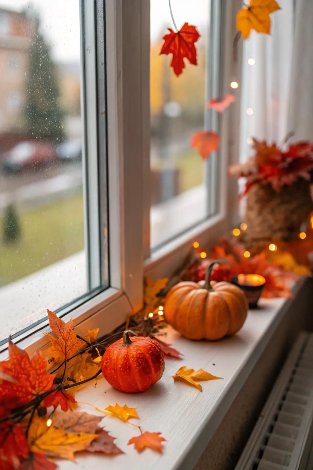A windowsill adorned with seasonal decorations like pumpkins and autumn foliage.