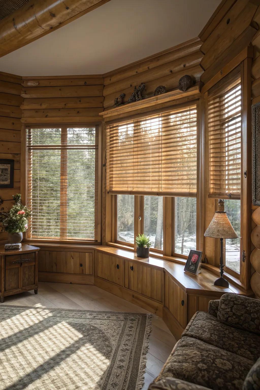 Hardwood blinds bring warmth and elegance to bay windows.