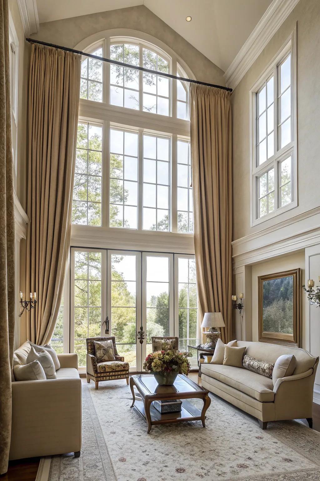 Full-length drapes evoke a sophisticated and striking impact.