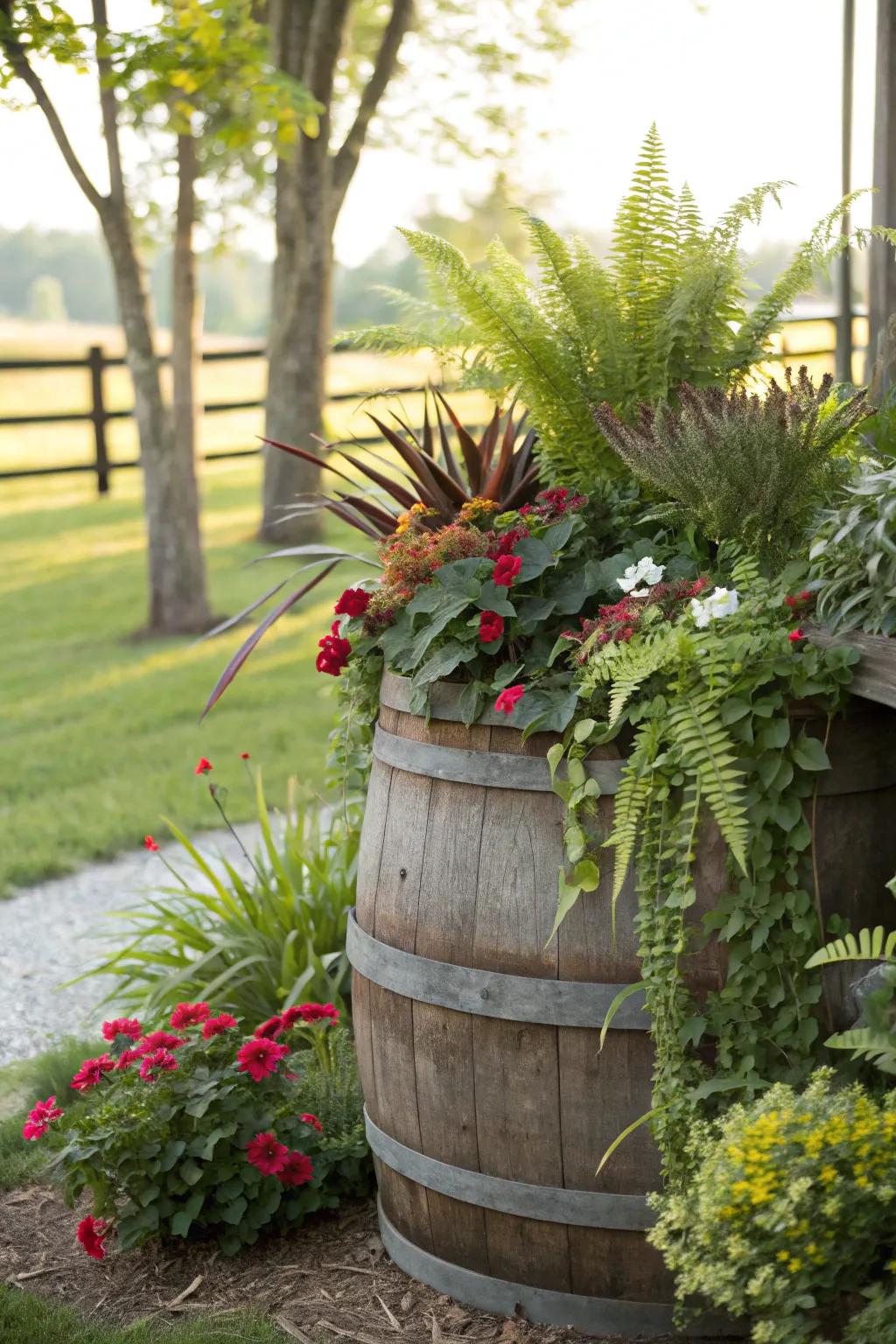 Layered plants create depth in a wine cask planter.
