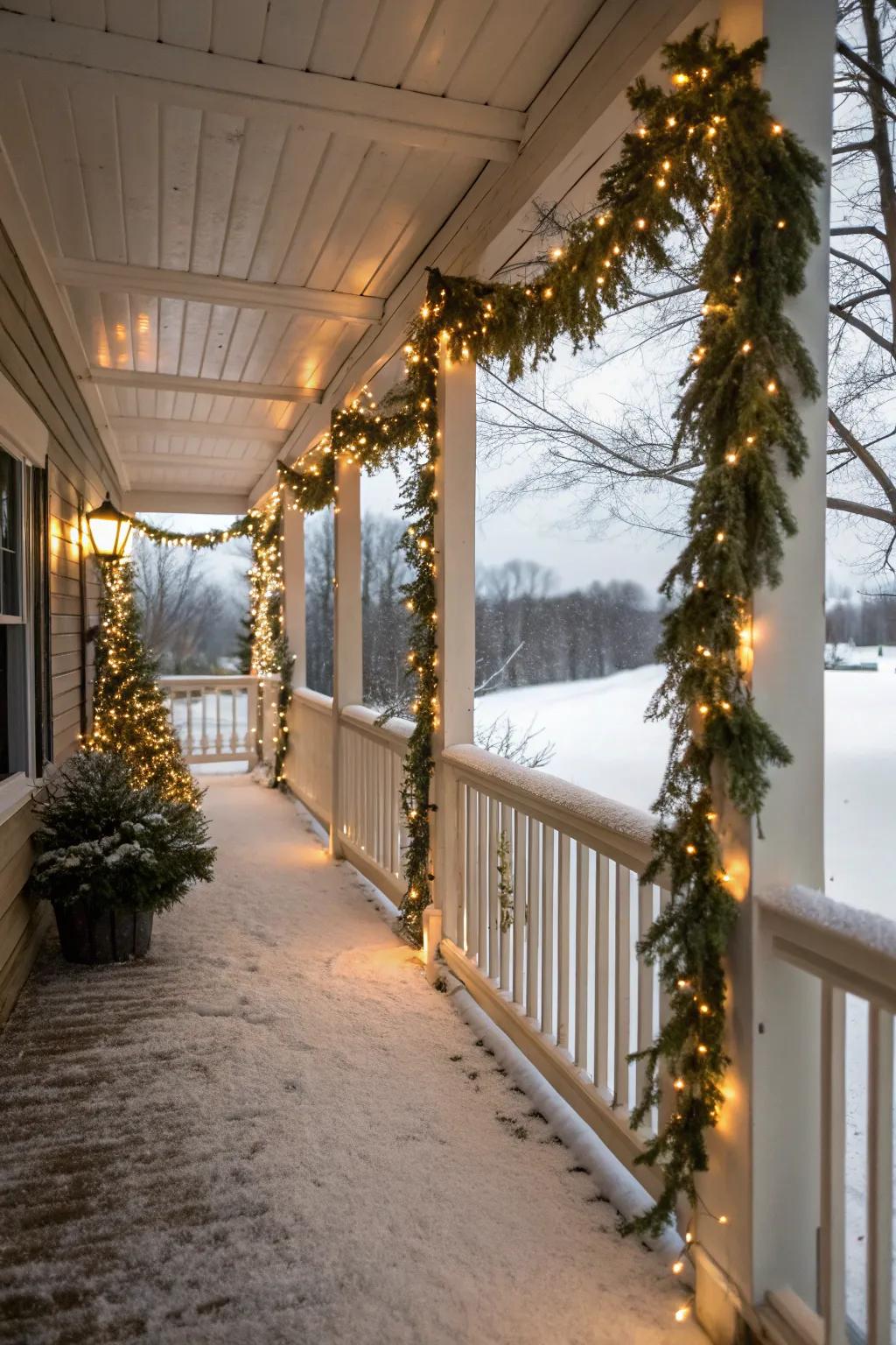 Twinkling string lights are artfully woven through garlands on a winter porch.