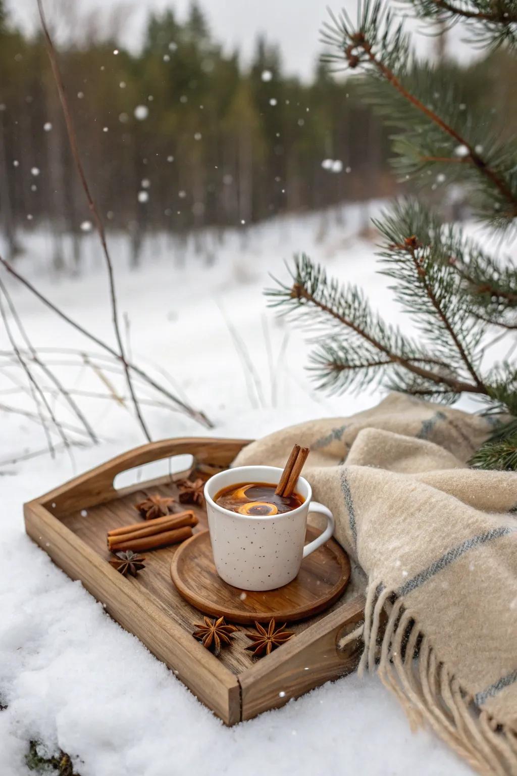 Warm spiced cider creates a festive picnic delight.