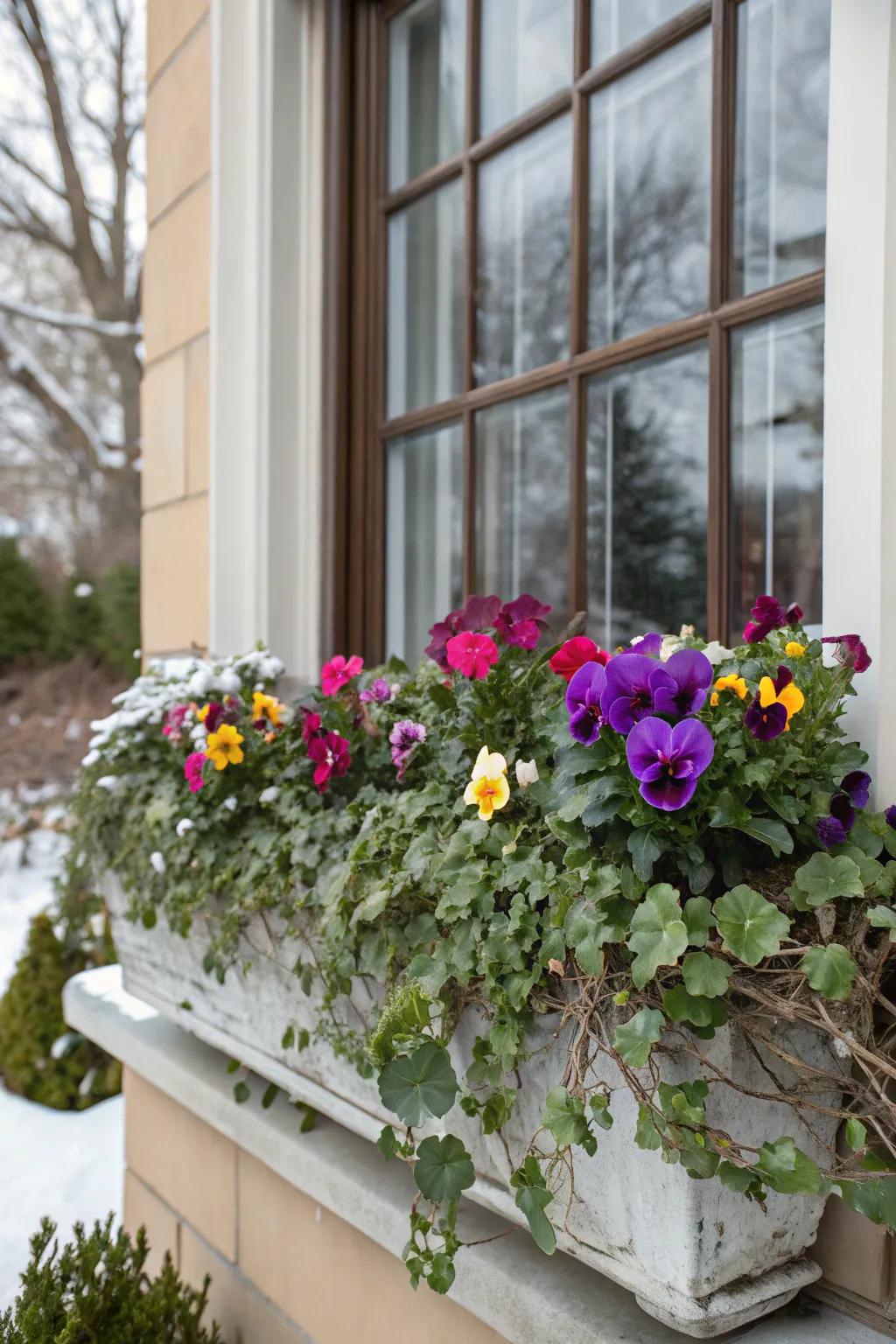 Vibrant pansies and cyclamen provide striking pops of color against the backdrop of winter greens.