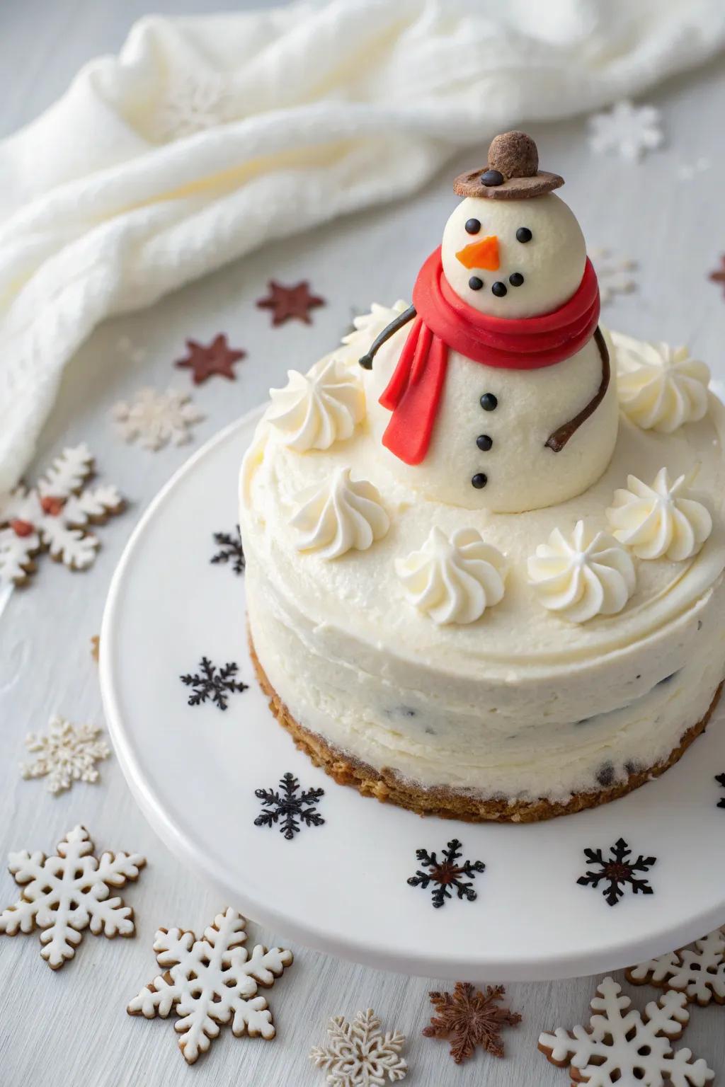 A playful snow person cake accent infuses charm into this winter cake.