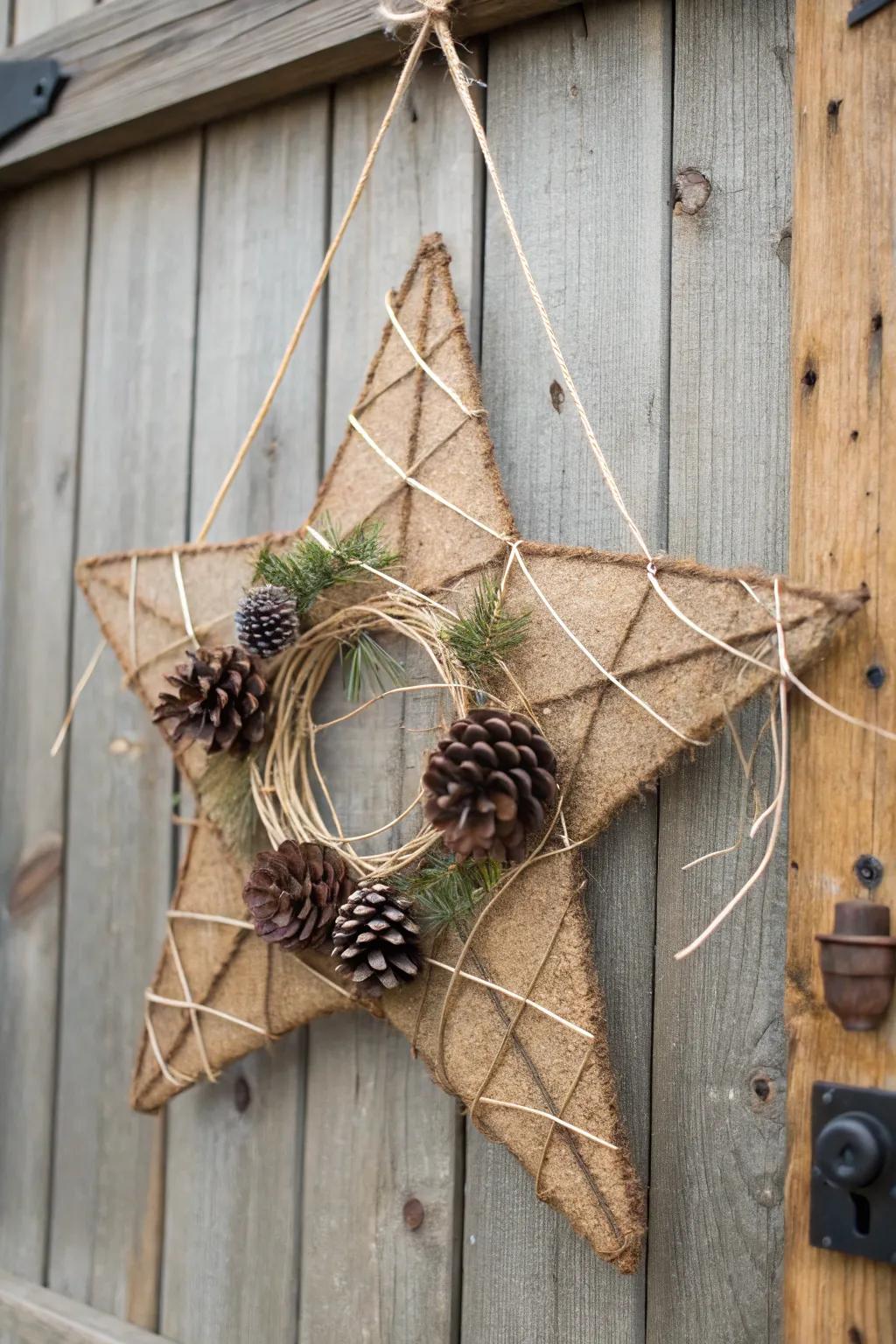 A rustic sackcloth star wreath for a cozy atmosphere.