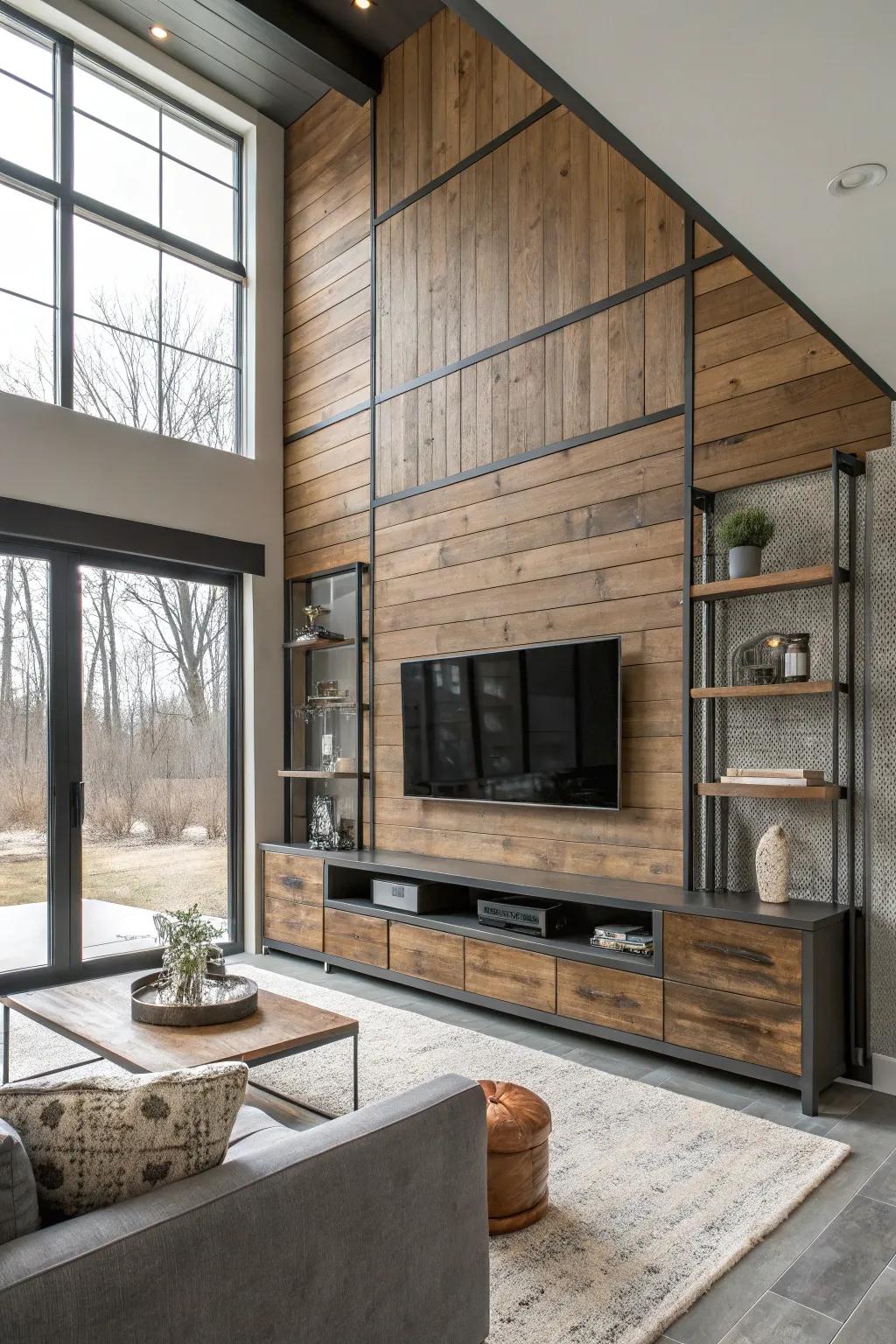 A mixed-material accent wall with wood and metal for a modern touch.